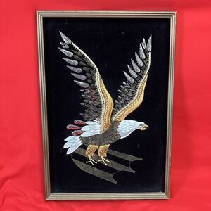 Vintage Sequin Bald Eagle / Framed / Beaded Sewn Velvet / MCM 70's 18.5"x 13" #1